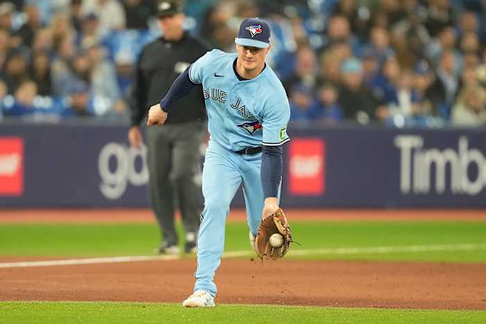 Toronto Blue Jays third baseman Matt Chapman fields a ground ball against the Yankees during the ninth inning at Rogers Centre. (2023)